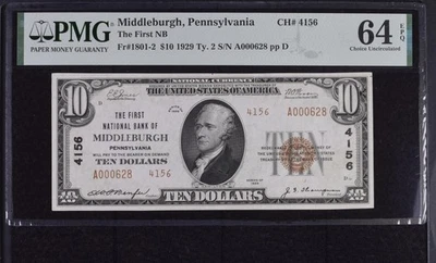 1929 Ty2 PMG 64 EPQ $10 First National Bank of Middleburgh - Image 1 of 2