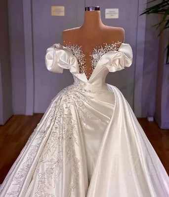 Satin Pearls Wedding Dresses Princess Puffy 2025 Luxury Off Shoulder Bridal Gown - Image 1 of 4