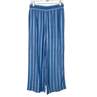 Pantalones de pierna ancha de tiro alto azul marino antiguos mezcla de lino bolsillos a rayas azules para mujer M Foto 1 de 4
