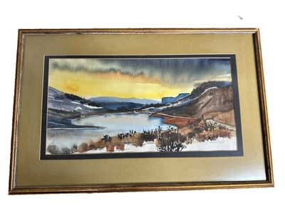 Marco de 72 acuarela vintage Southwest Mountain Pond Sunrise 25"x16,5" Foto 1 de 4