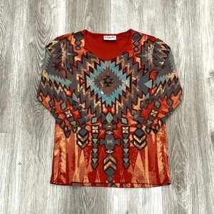 Vintage 90s Cactus Bay Southwestern Aztec Print Rust Western Long Sleeve Shirt Gr. S - Bild 1 von 5