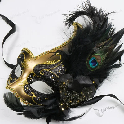 Venetian Glitter Side Feather Halloween Party Masquerade Ball Mask Black Gold - Image 1 of 4