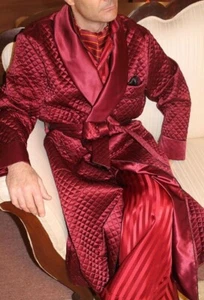 Mens Quilted Robe Vintage Smoking Dressing Gown Jacket Long Maroon Satin Coat - Picture 1 of 3