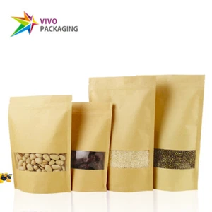 Kraft Paper Stand Up Doy Pouch, Zip Seal Food Bags, Window Zipper Bags (100 pcs) - Picture 1 of 1