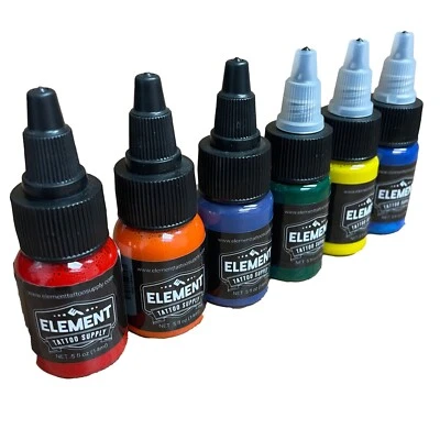 Tattoo Ink Set Primary Color Inks 1/2oz by Element Tattoo Supply 6 Bottles USA