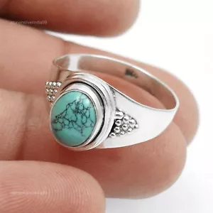 925 Sterling Silver Natural Turquoise Cocktail Anniversary Bezel Ring Jewelry - Picture 1 of 8