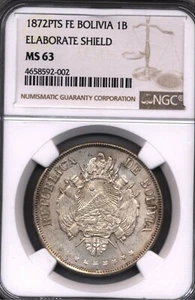 1872 PTS FE ELABORATE Shield Bolivia 1 Boliviano Silver Coin NGC 63 L B VARIETY - Picture 1 of 3