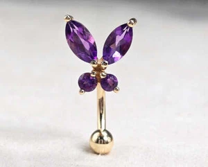 14K Gold Butterfly Belly Ring Crystal Body Piercing Belly Bar, Navel Piercing - Picture 1 of 10