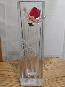 Clear Cut Vase Heavy Glass With Carved Red Rose 10"X3" Excellent Condition - Picture 1 of 9