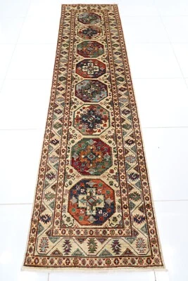 10 ft Hallway Tribal Beige Runner Rug Afghan Hand Knotted 100% Wool Bedroom Rug - Image 1 of 4