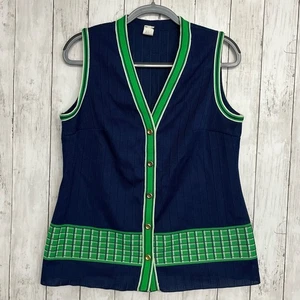 Gilet vintage con bottoni senza maniche scollo a V blu verde oro bottoni 16,5 - Foto 1 di 10
