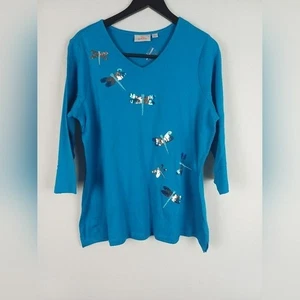 Quacker Factory NWOT Dragonfly 3/4 Sleeve Sequin Sparkle T-shirt Blue Large - Picture 1 of 8