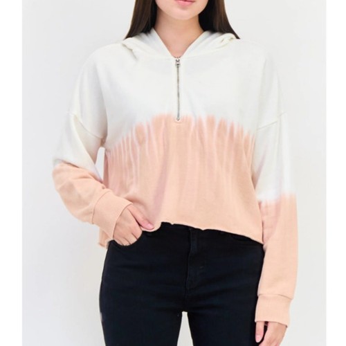 OFF WHITE Aerie manica lunga orlo grezzo 1 4 zip con cappuccio misto cotone bicolore donna media