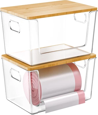 Juego de 2 organizadores y almacenamiento de despensa, dispensador de bolsa de basura apilable acrílico transparente  Foto 1 de 4