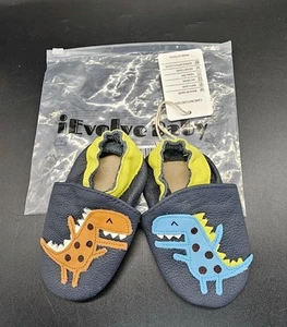 iEvolve Baby weiche Sohle Leder Schuhe Mokassins 12-18 Monate blau braun Dinosaurier - Bild 1 von 8