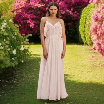 Maxi Vestido de Dama de Honor Monique Lhuillier Para Mujer Talla 8 Volantes Rosa Rubor Formal Foto 1 de 4