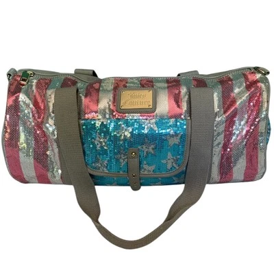 Bolso de Lona Juicy Couture Bandera Americana Estrás Cremallera Gimnasio Viaje Cuero Gris  Foto 1 de 4