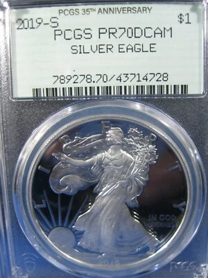 2019-S SILVER EAGLE $1 PCGS PROOF 70 CAMEO 35TH ANNIVERSARY LABEL LTD EDITION - Image 1 of 4