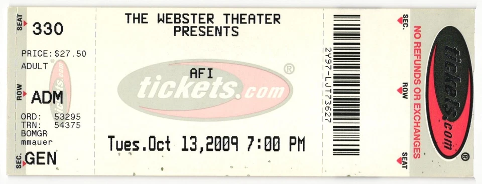 2009 AFI Gallows Full Complete Concert Ticket Stub Hartford CT - Image 1 of 1