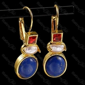 FAUX LAPIS GEM Vtg Retro DROP Red Crystal EARRINGS Gold/Blue Gemstone Leverback - Picture 1 of 6
