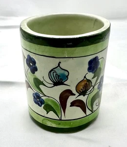 Mexican Tonala Succulent Planter 3” Tall Blue Green Floral Signed Tumbler Vase - Picture 1 of 8