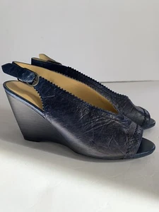 Balenciaga Leather Slingback Peep Toe Wedges navy blue Size 7 1/2 Made In Italy - Picture 1 of 11