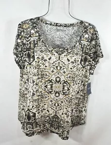 Lucky Brand Women's Blouse XL Geo Boho Black Beige Short Sleeve Top Shirt NWT - Picture 1 of 9
