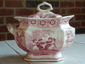 RARE Antique TRANSFERWARE Staffordshire CHILDS TUREEN & Lid PATTERN Maker ? RED - Picture 1 of 12