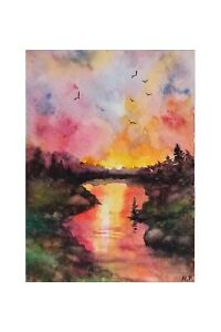 Aceo birds river  sunset landscape original watercolor painting ATC card