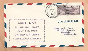 FIRST FLIGHT UNITED AIRLINES LST DAY 5 CENT RATE CLEVELAND AIRPORT JUL 5,1932 - Picture 1 of 1