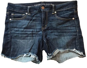 Vintage Womens American Eagle Dark Wash Raw Hem Jean Shorts Size 12 Stretch - Picture 1 of 6