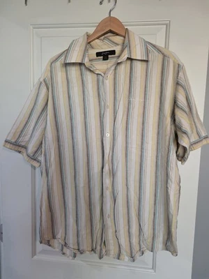 Sean John Tan And Yellow Striped Short Sleeve Button Up Mens Size XL Linen... - Image 1 of 4