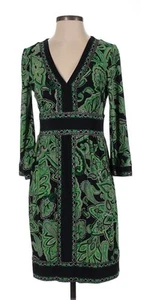INC Dress Womens XS Green Black Paisley V Neck Long Sleeve Boho Retro Chic Indie - Picture 1 of 9