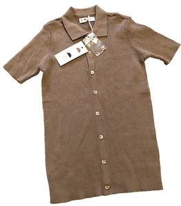 NWT COCO BLANC SZ. 10 BROWN RIBBED KNIT S/S SWEATER COLLAR/FRONT BUTTONS - Picture 1 of 2