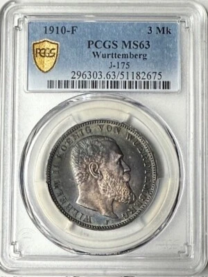 German States WURTTEMBERG - 3 Mark - 1910-F - Km-635 - PCGS MS-63! - Image 1 of 4