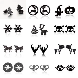 Stainless Steel Black Ghost Skull Stud Earrings Cute Ear Studs Kids Girl Jewelry - Picture 1 of 38