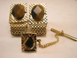 Genuine Tigers Eye Vintage SWANK Wraparound Mesh Watchband Cuff Links & Tie Tack - Picture 1 of 9