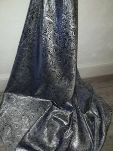TELA BROCADA METÁLICA DE DISEÑO CACHEMIRA AZUL 1M AZUL MARINO/PLATA 58"" DE ANCHO - Imagen 1 de 7
