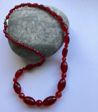 Vintage red glass czech? bead necklace oval & faceted party collect