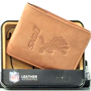 Detroit Lions Genuine Leather Embossed Bi-Fold Tan Wallet New Rico