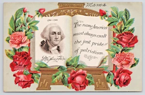 Antique Patriotic Postcard George Washington Memorial Poem Red Roses Book Easel - Picture 1 of 5