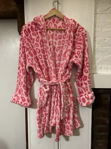 Girls Gap Pink Leopard Fleece Hooded Bath Robe Size 12 - Picture 1 of 5