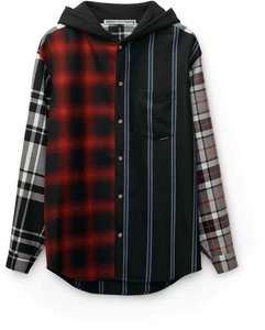 Alexander Wang wool tartan plaid striped hooded shirt jacket hoodie Large EUC - Picture 1 of 10