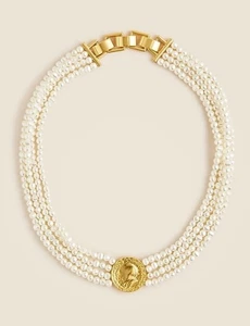 J Crew Multi 4 Lagen Perle Münze Anhänger Halsband Gold Perlen Halskette NEU mit Tasche - Bild 1 von 10