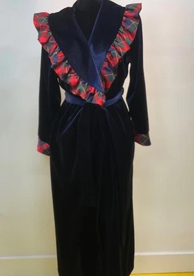 Vintage Blue Velvet Plaid Ruffle Robe Duster - Image 1 of 4