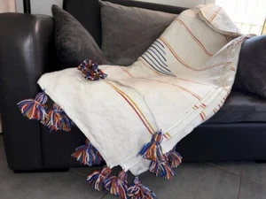 Wool Moroccan pompom Blanket,bedroom blanket,moroccan blanket,moroccan throw - Picture 1 of 5