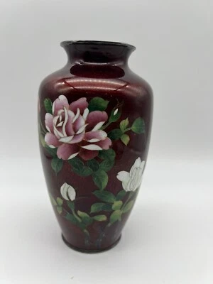 Vintage Vase Ginbari Cloisonné Ando Sato Pigeon Blood Roses 7.25" - Image 1 of 4