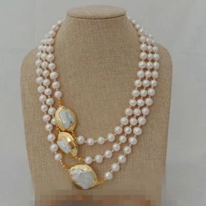 Collar de perlas redondas de pera Keshi enchapado en oro natural de 24 K de 3 hebras - Imagen 1 de 5