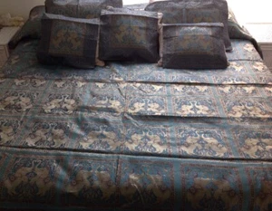 Silk Queen Bed Cover Handmade w/ 5 Pillow Covers India Teal w/ Gold & Brown NEW - Picture 1 of 4