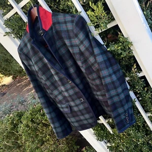 Talbots Women’s Classic Shetland Wool Blazer Blue Green Tartan Plaid 14 Large - Picture 1 of 12